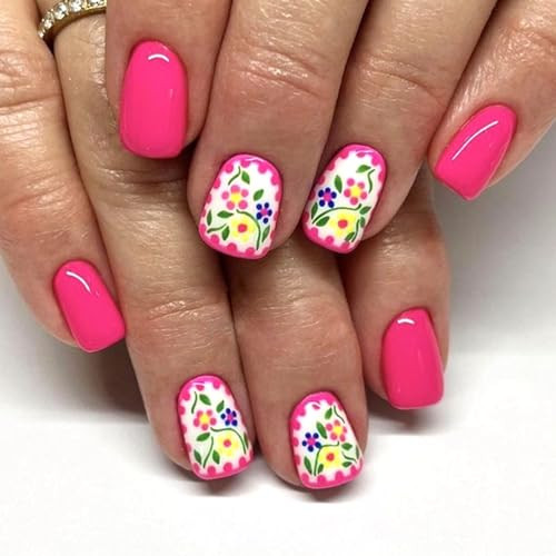 Square Press on Nails Short False Nails with Design Color Flower Green Leaves