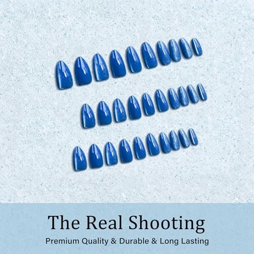 Press on Nails Almond, Cat Eye Elegant Blue Fake Nails cateye royal blue medium