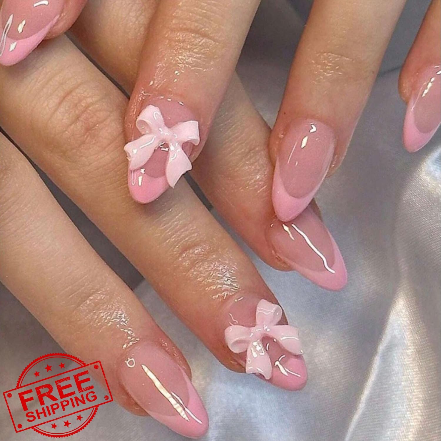 OSTTMA 24Pcs Pink French Tip Press on Nails Bow Medium