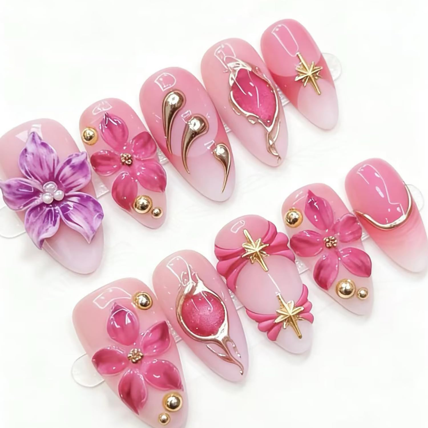 24Pcs Flower Press on Nails Medium Almond Fake Nails with Gold Beads Star Design
