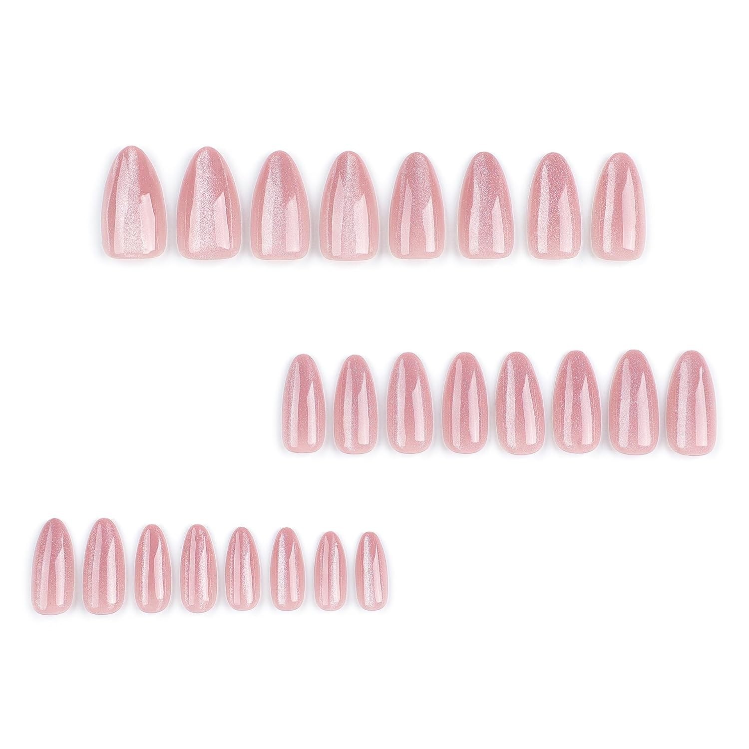 24 Medium Almond Glossy Pink Fake Nails with Glitter – Perfect for Any Occasion