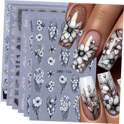 Lace Flower Nail Art Stickers 6 Sheets Black White Floral Black White Flower