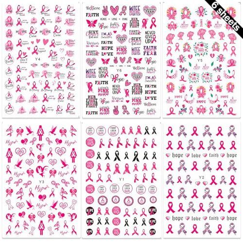 6 Sheets Breast Cancer Nail Art Stickers 3D Self-Adhesive Heart Letter Nail