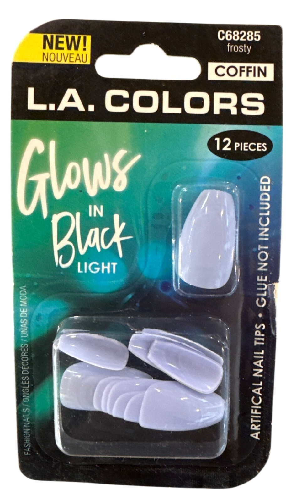 L.A. Colors GLOWS IN BLACK LIGHT 12 Nails FROSTY Long Coffin Glossy Lavender