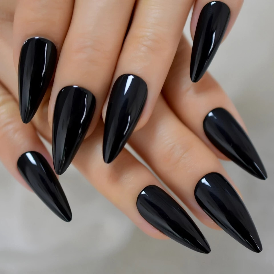 24 Press on nails kit w glue Black stiletto Long edgy goth