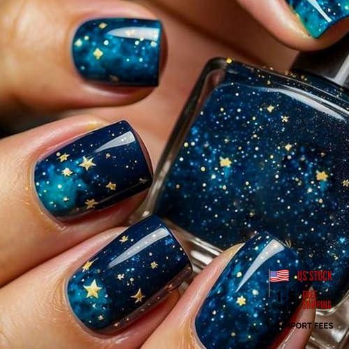 Starry Sky Press on Nails – Short Square Dark Blue Fake Nails with Stars A01