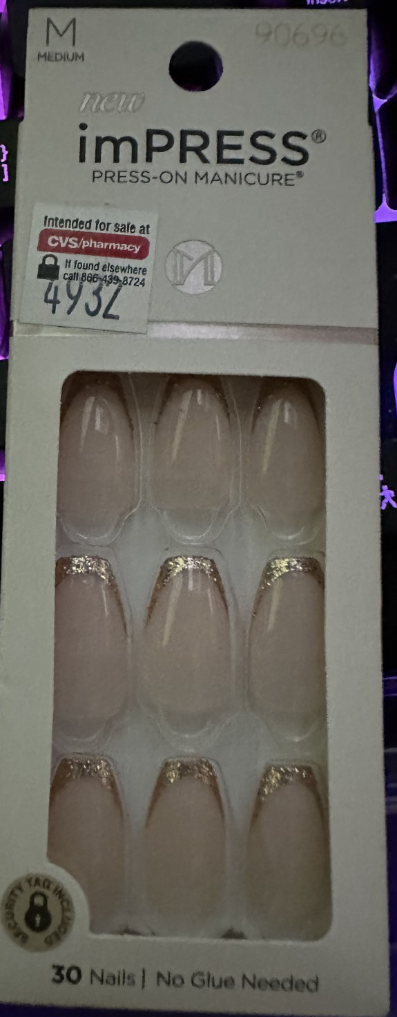 Impress Manicure Nails Gloss Medium Natural with Gold Glitter french tip coffin