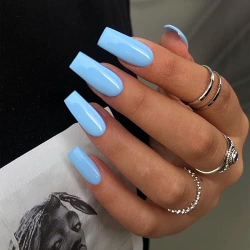Baby Blue Press On Nails Medium Long Square, Medium Coffin Nails glossy blue
