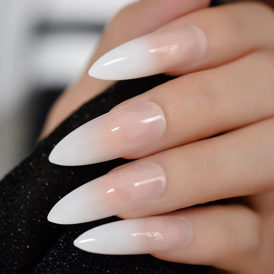 24 Press on nails Kit w Glue Long stiletto Ombre French white nude vampire goth