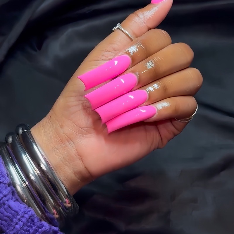 48pcs-Solid Neon Pink Glossy Extra Long Coffin Fake Nails, Press on Nail Set