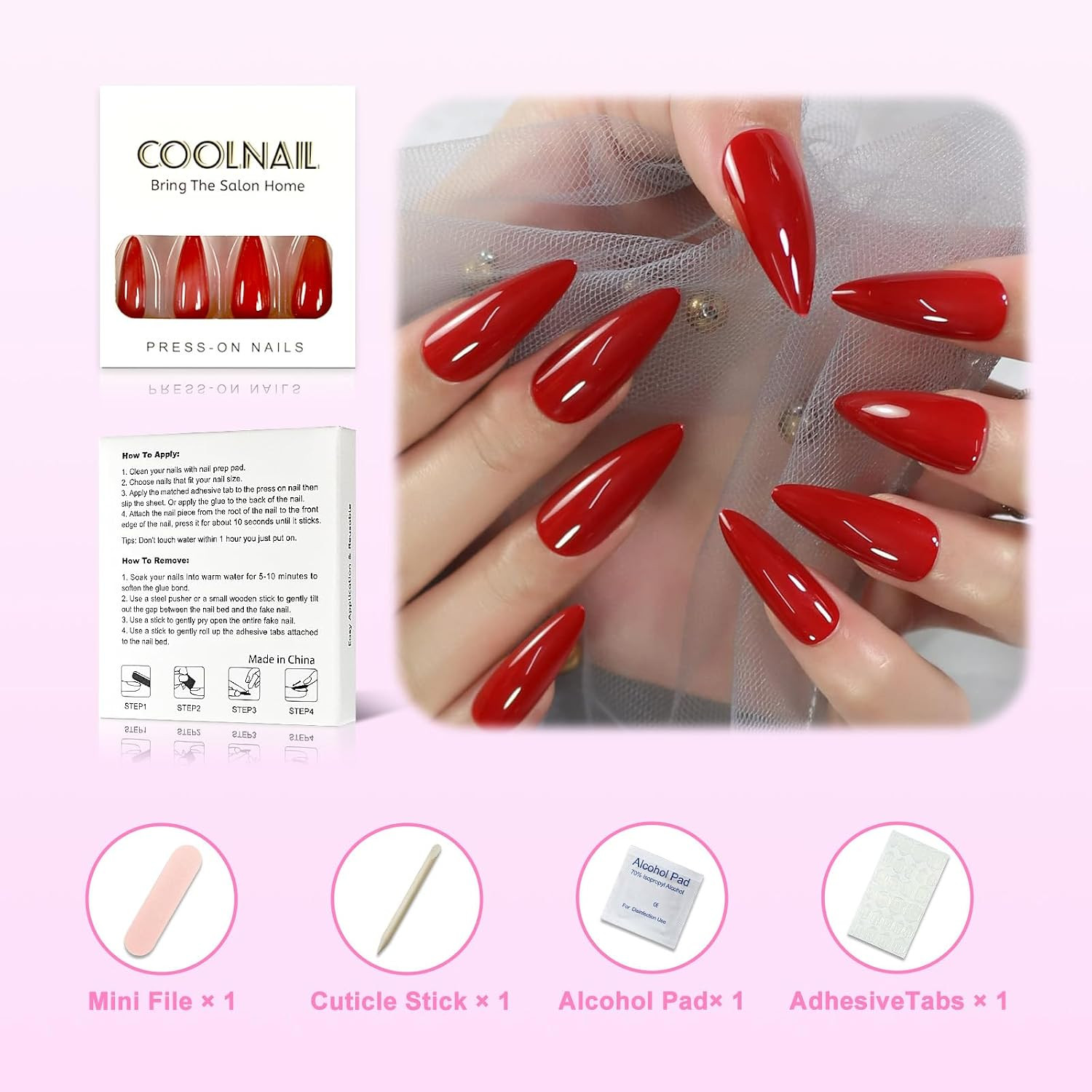 Glossy Red Press on False Nails Medium Long Stiletto Fake Nails Salon Nail Art T