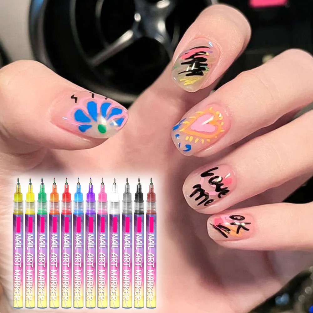 12Pcs/Set 3D Nail Art Drawing Pen Waterproof Painting Liner Drawing Embellishing