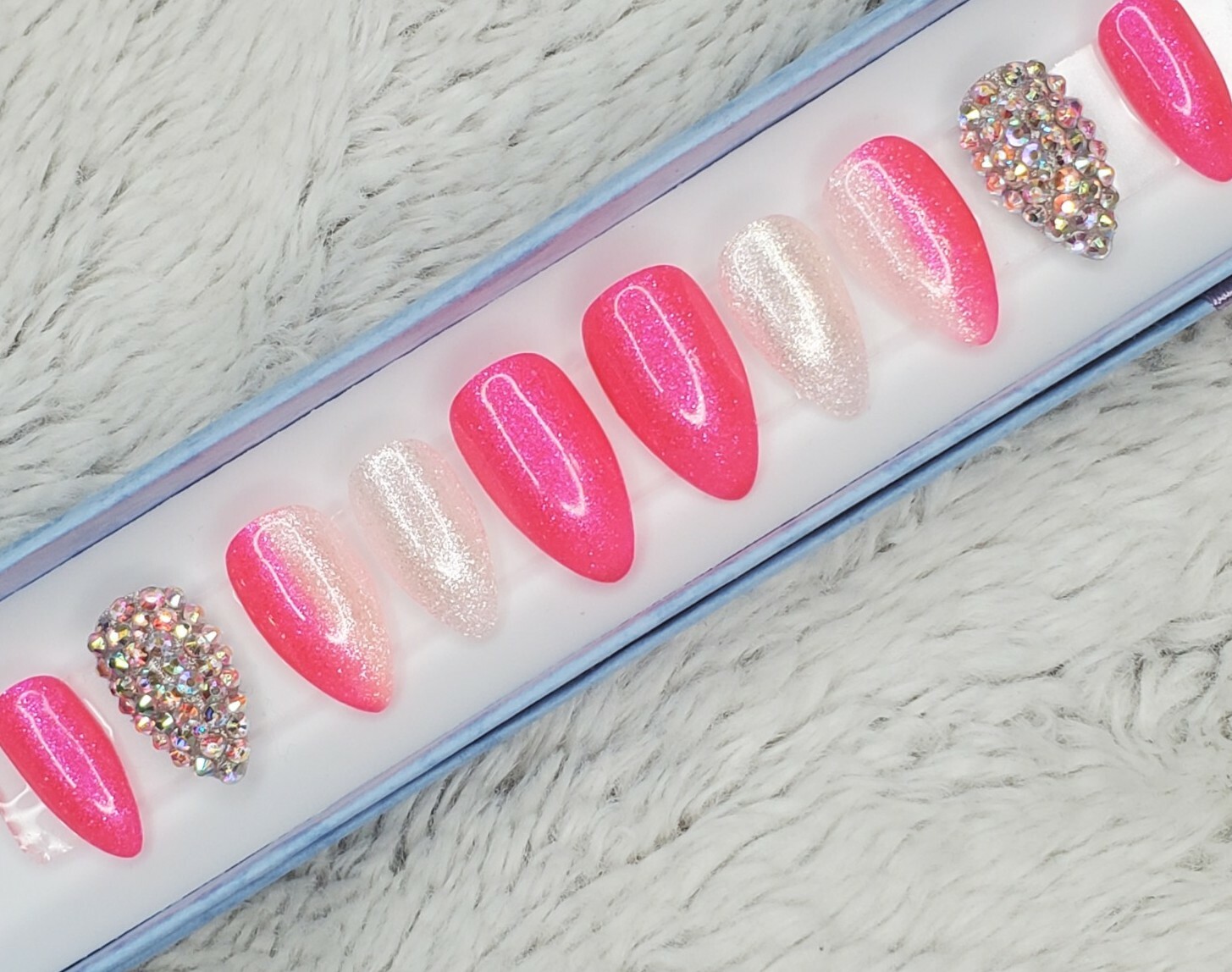 Neon hot pink Bling glitter short stiletto diamond press on nails barbie ombre