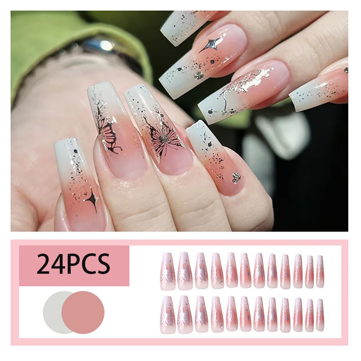 Butterfly Stars Press on Nails Long Coffin -24Pcs Butterfly Stars Fake Nails …