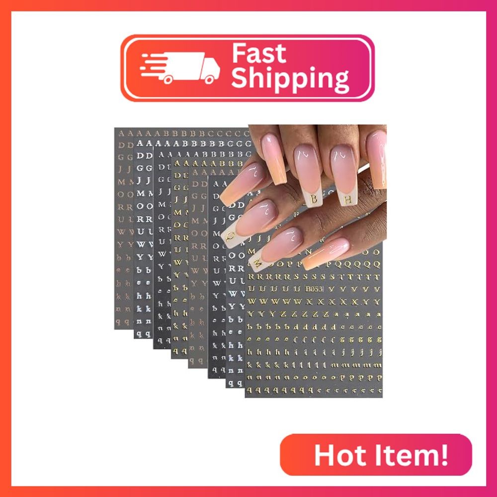 8 Sheets Letter Nail Design Stickers – 3D Self-Adhesive Nail Art Stickers in Bla