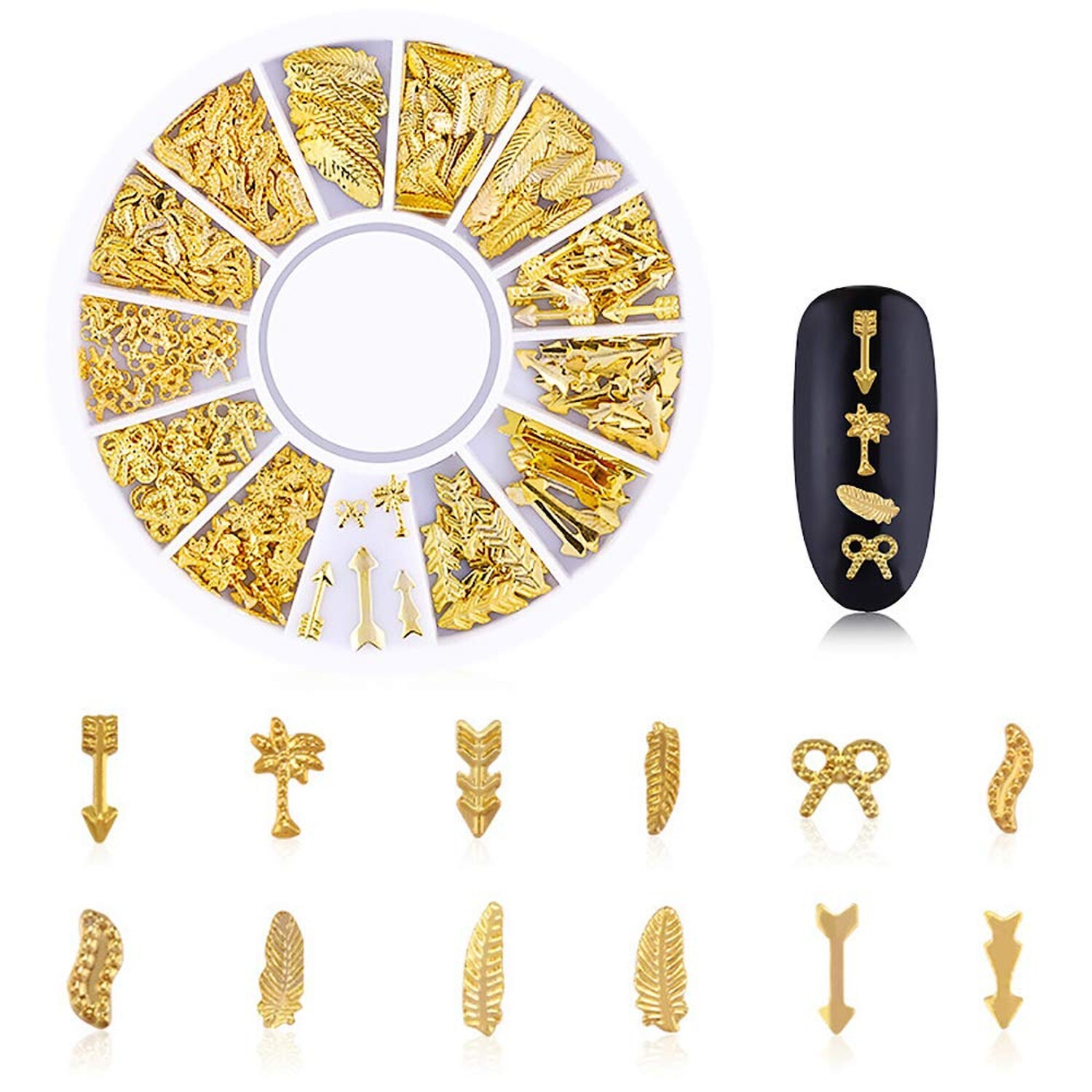 WOKOTO 6 Boxes Gold Nail Charms Studs Rose Star Moon Feather Shape Metal Nail…