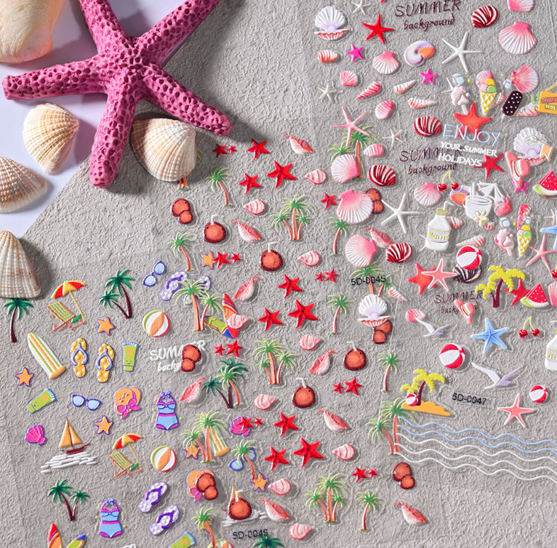 Summer 5D Embossed Ocean Nail Art Stickers AZTSYT Starfish Seashell Coconut NH27