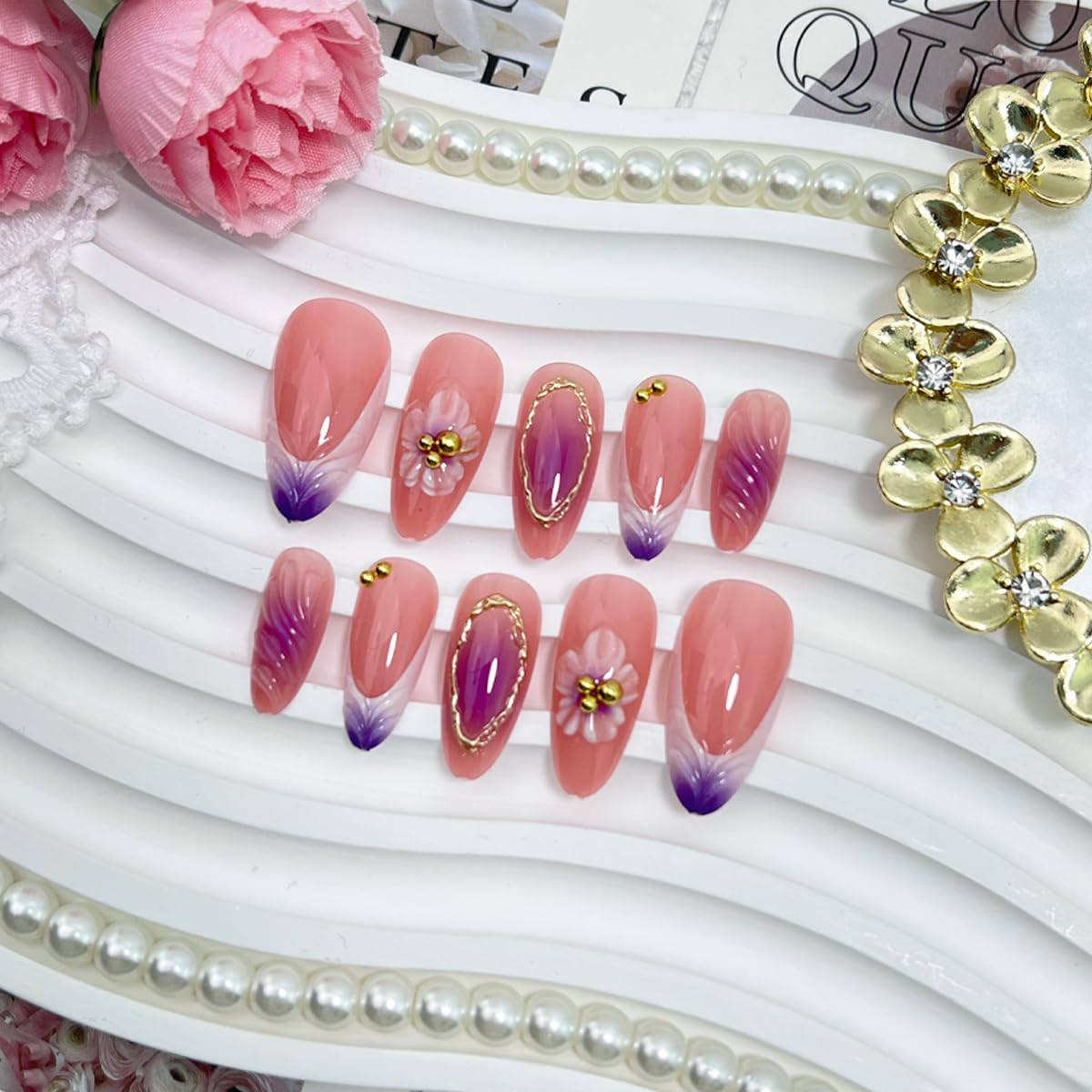 24Pcs French Tips Press on Nails Long Almond Fake Nails 3D Flower False Nails Pu