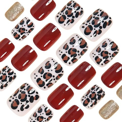 Wine Red Press on Nails Extra Short Square Fake Nails Gold Wine Red Leopard