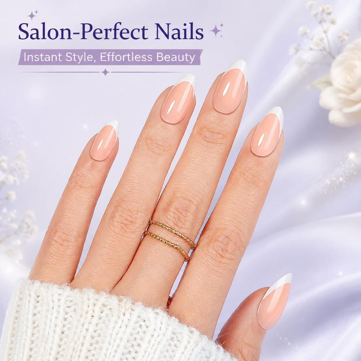 French Almond Press on Nails, Nude Soft Gel Fake Nails with White Tips, Easy App