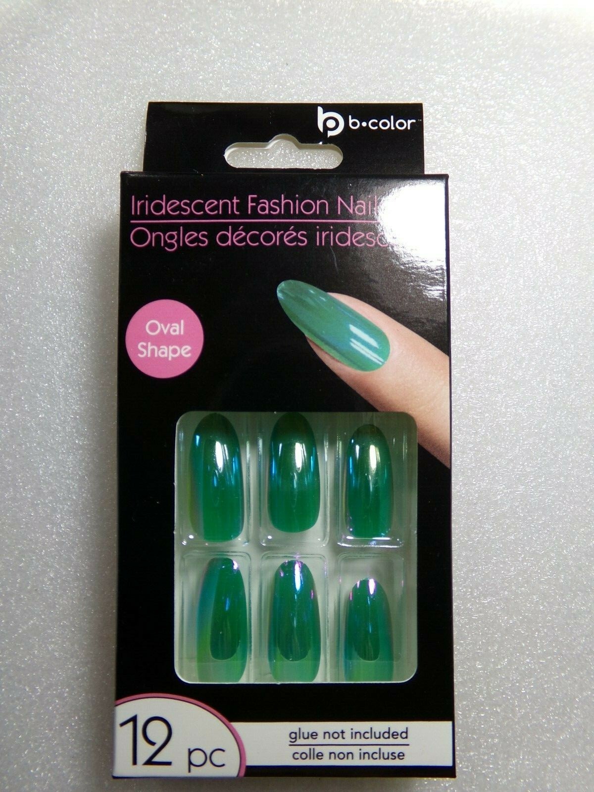 b*Color Nails Shiny Iridescent Green Artificial glue on Long Oval