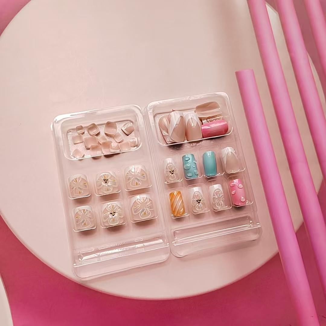 yefiuo Pink Press on Nails & Toenails Medium, & Orange & Blue