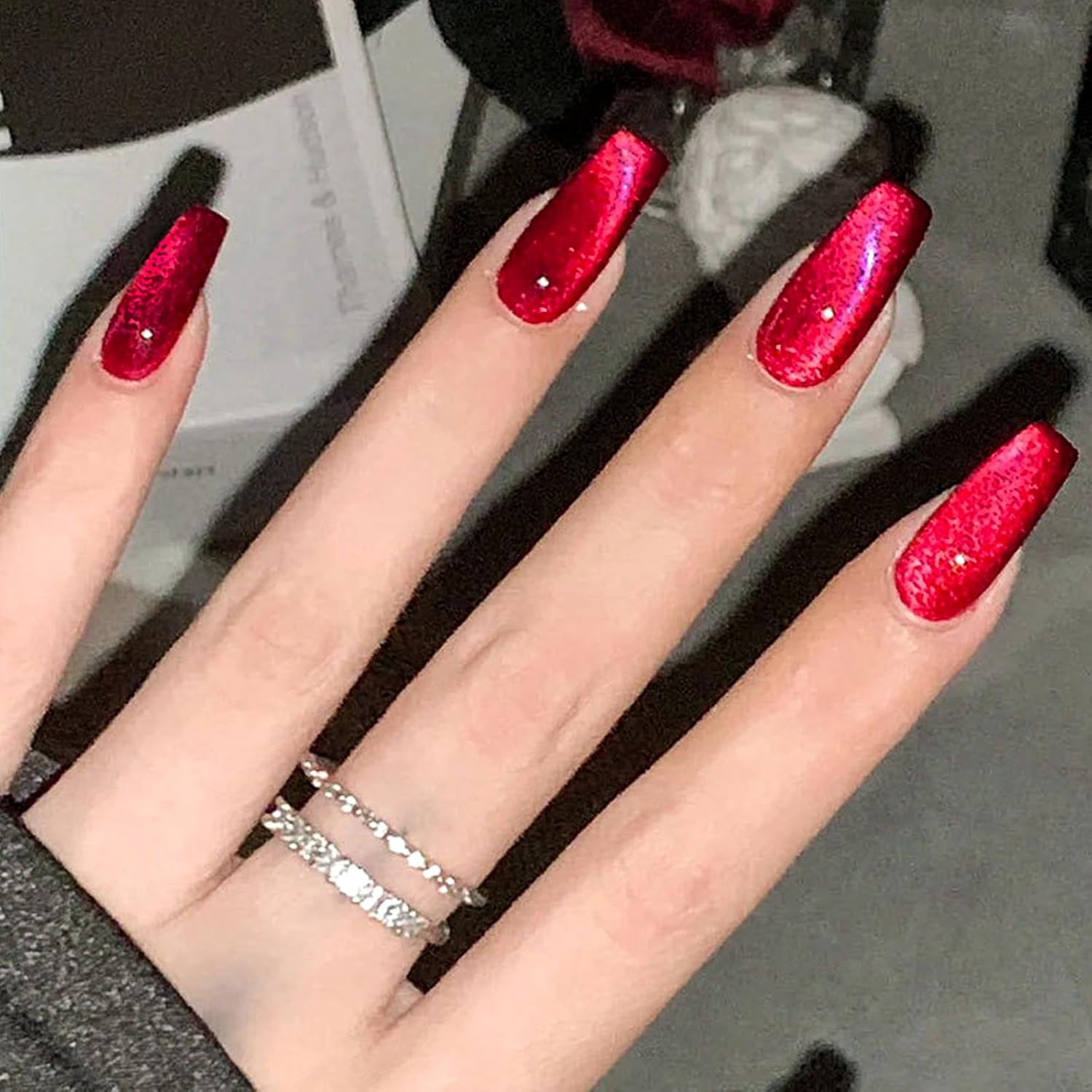 Red Press on Nails Medium Coffin Fake Nails Wine Red Cat Eye Fake Nails Christma
