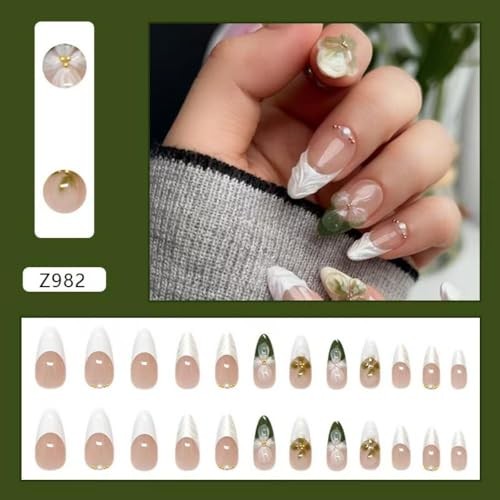 Flower Press on Nails Green Fake Nails Medium 0.04 Fl Oz (Pack of 24) MH19