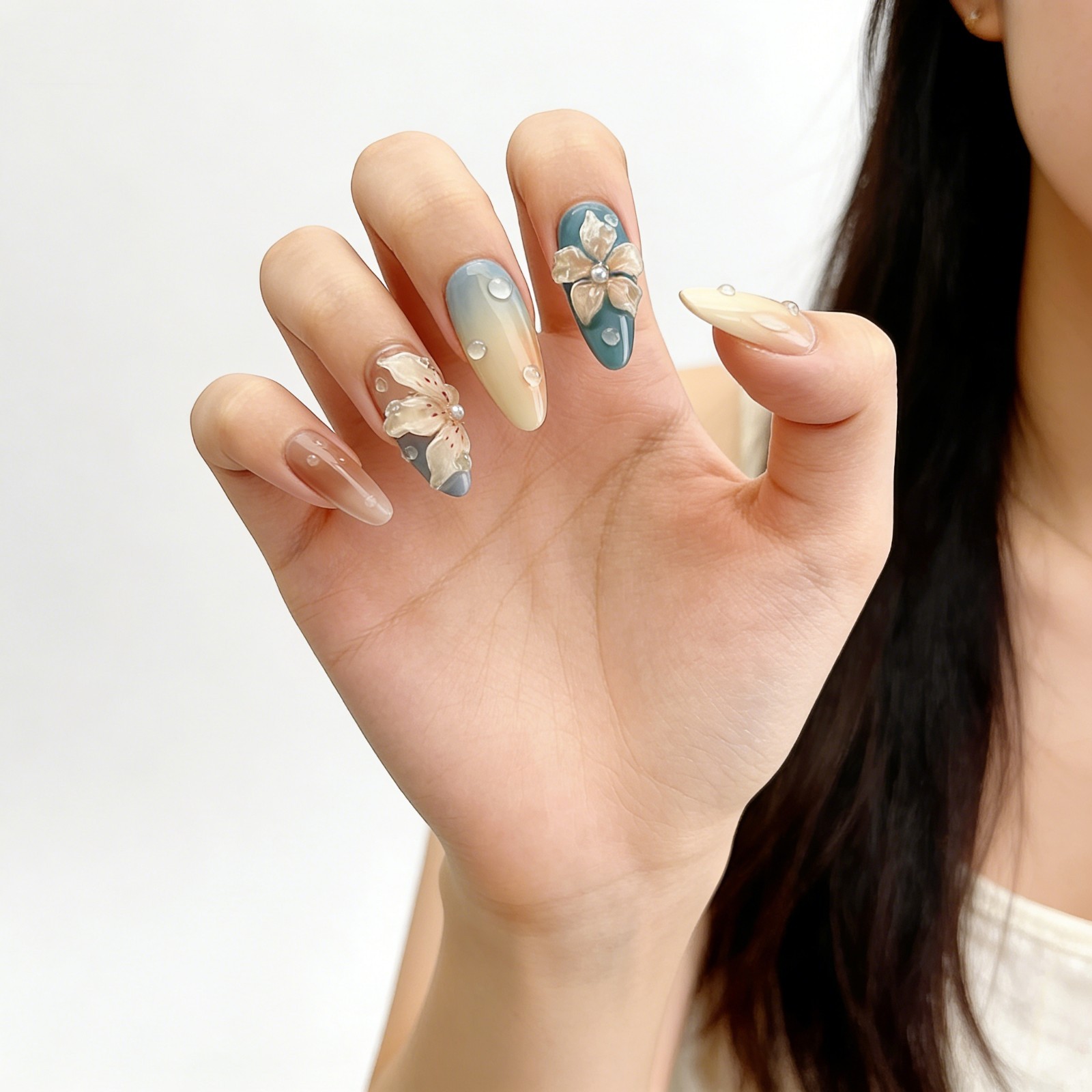 Blue Orange Flower Press On Nails Medium Almond 3D Waterdrop Glue On Set
