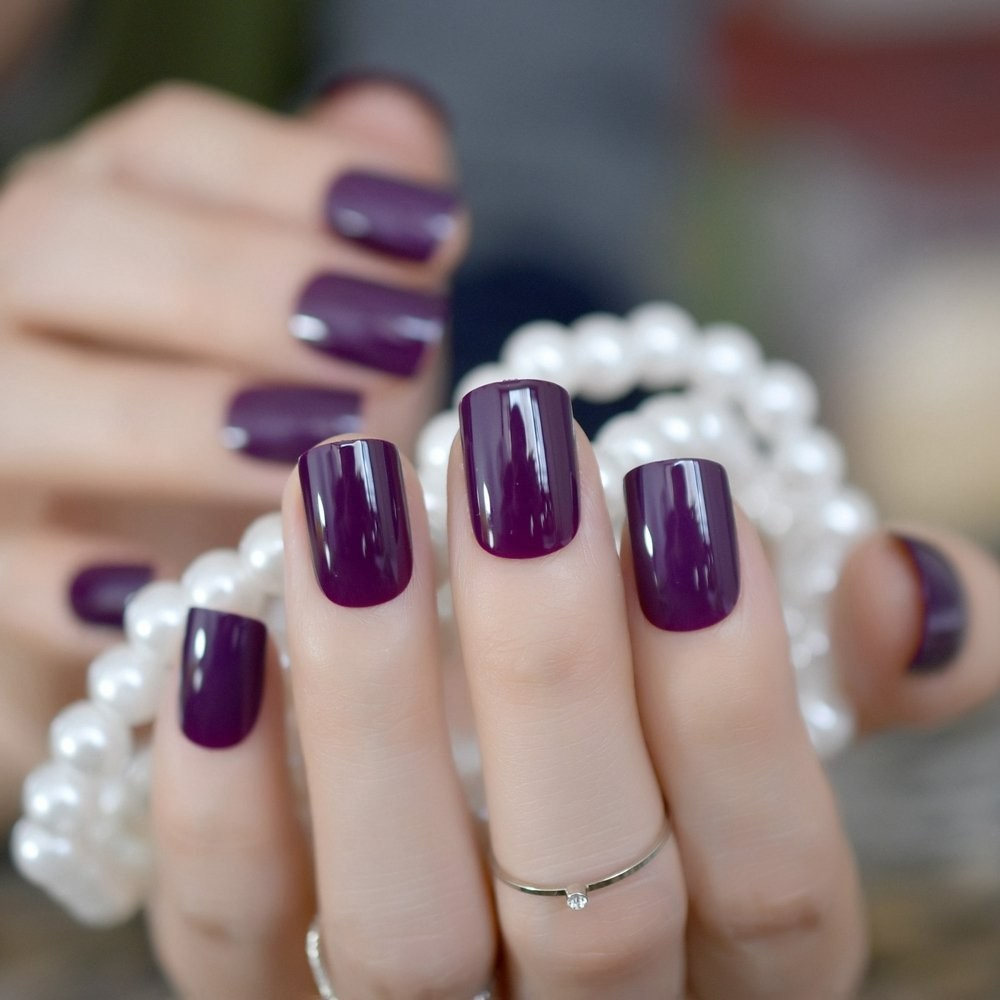 Dark Violet False Nail Tips – 24Pcs Solid Glossy Gel for Perfect Fit
