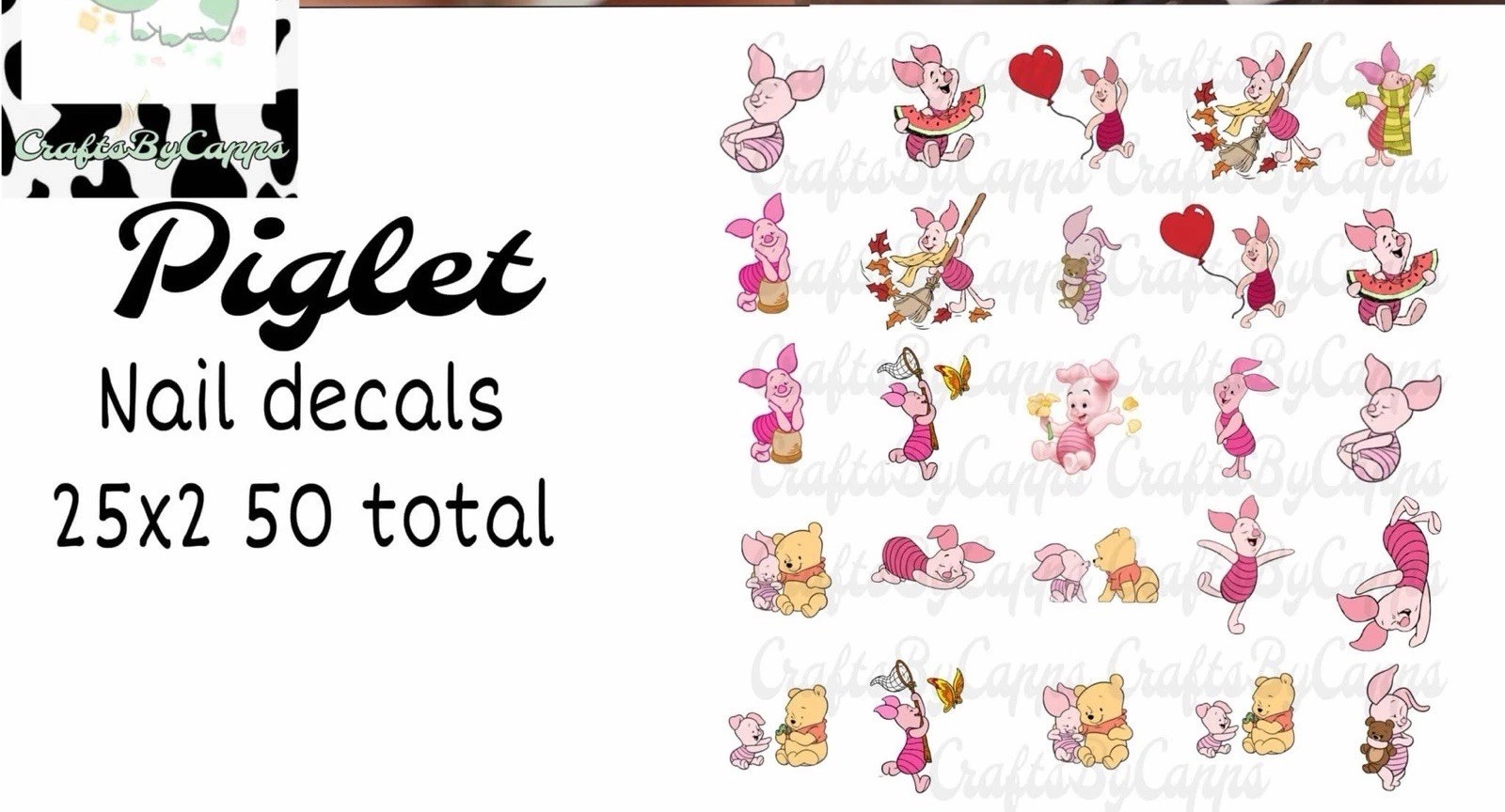Piglet From Pooh Waterslide Finger Nail Decals Instructions Bonus (set of 50) KC