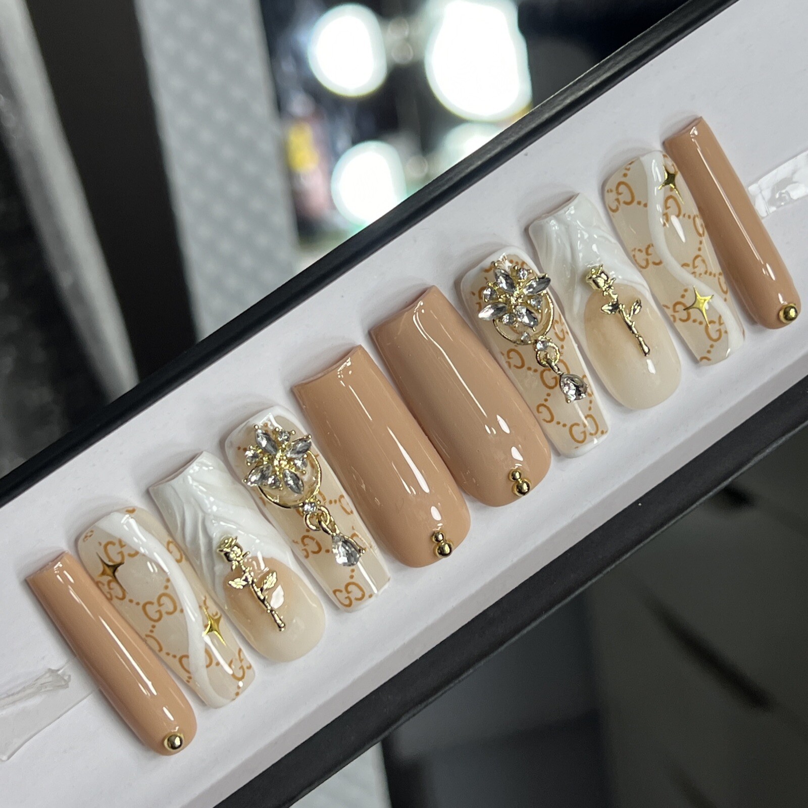 💎 CUSTOM Hard Gel Press On Nails, BLING NUDE , 10p FULL SET W Kit LONG SQUARE