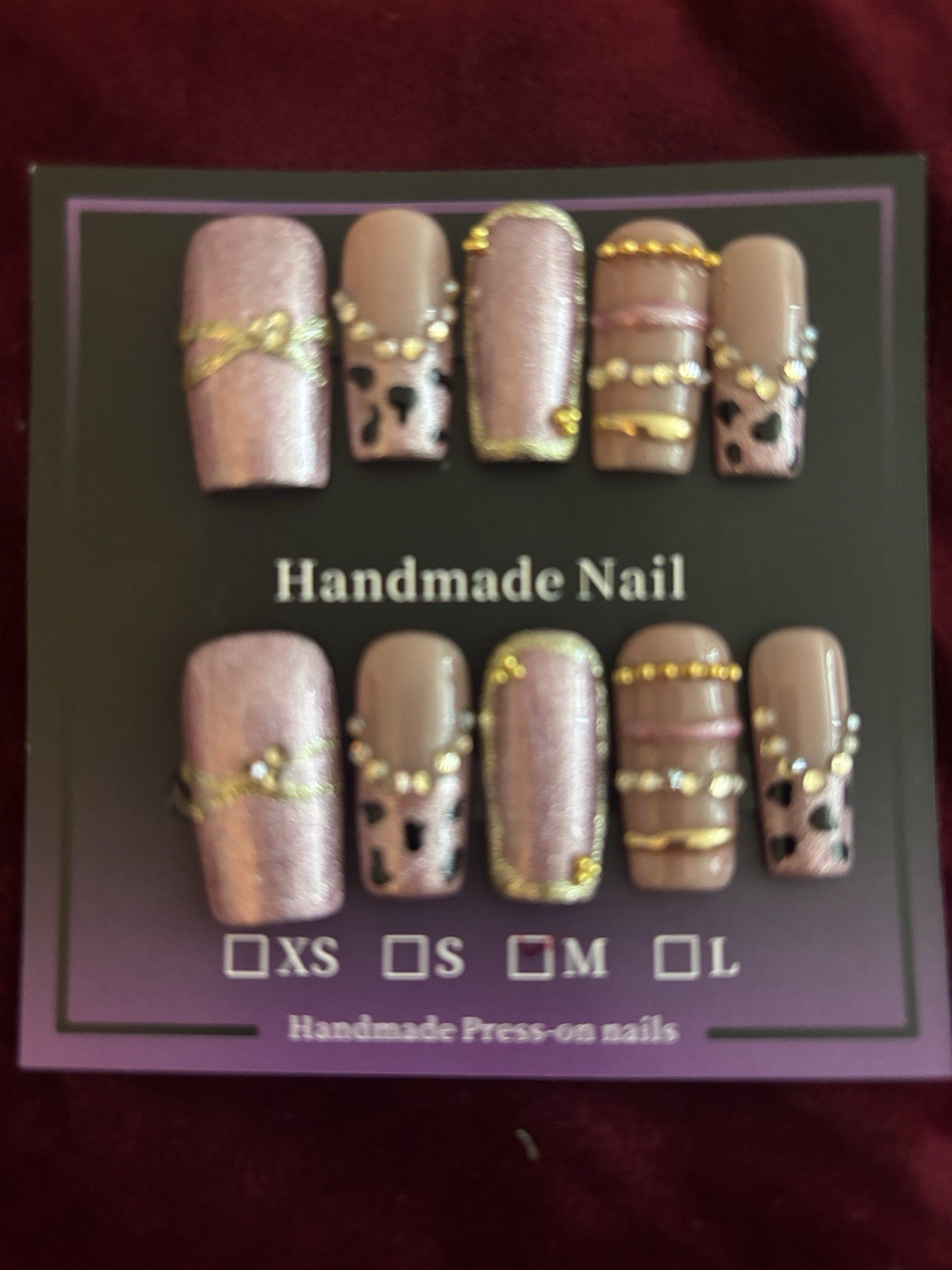 Handmade Nail Press-On Nails Set Pink/Beige/Gold/Black 3D Animal Square Medium
