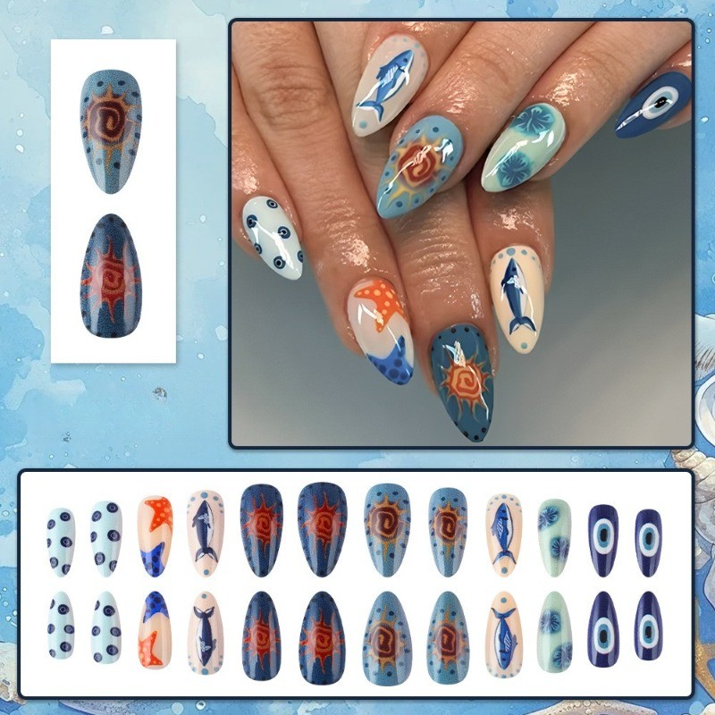 48pcs-Summer Ocean Press on Nails, Medium Stiletto Shark & Starfish Fake Nails