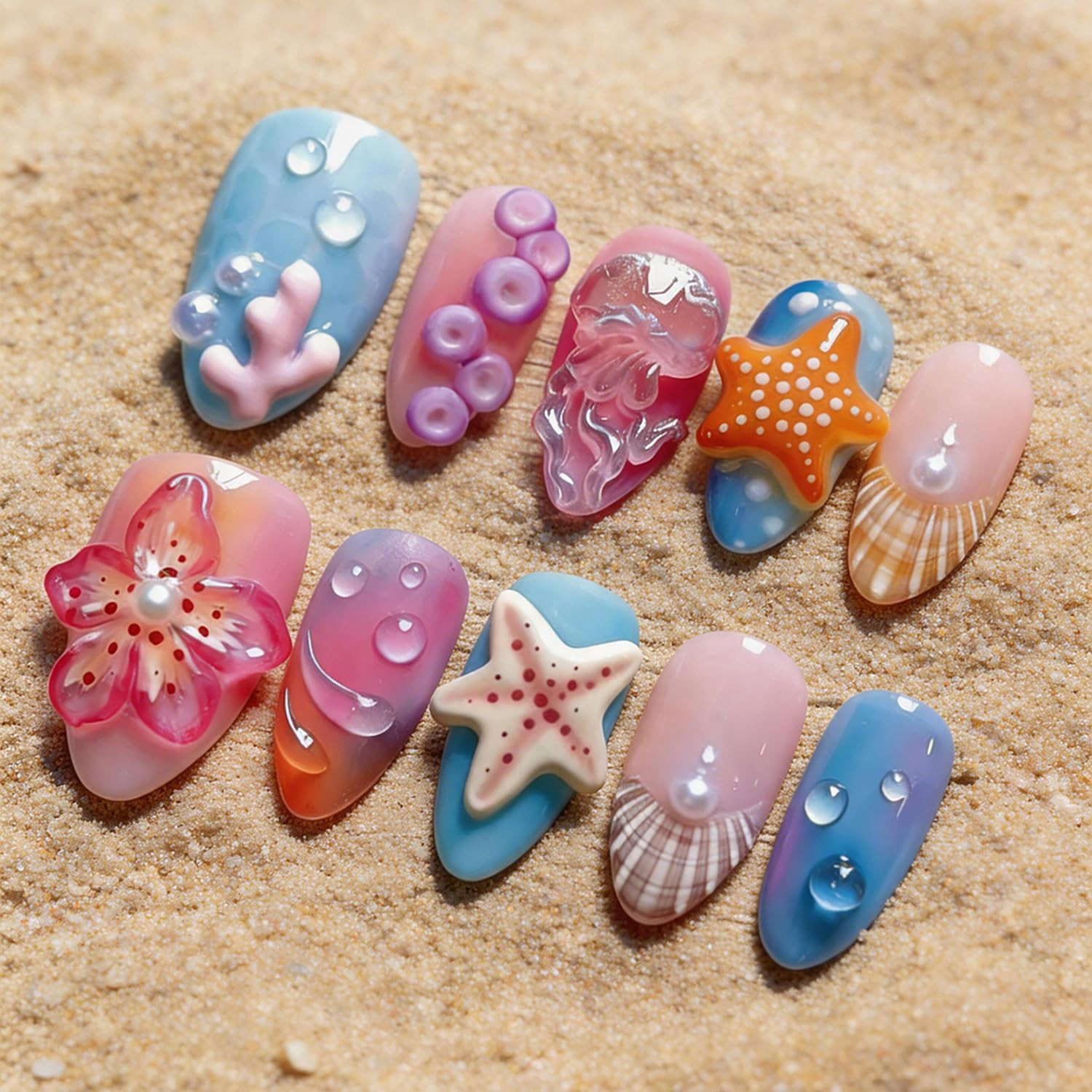 30Pcs Summer Press on Nails Medium Almond Fake Nails with 3D Floral Jellyfish St