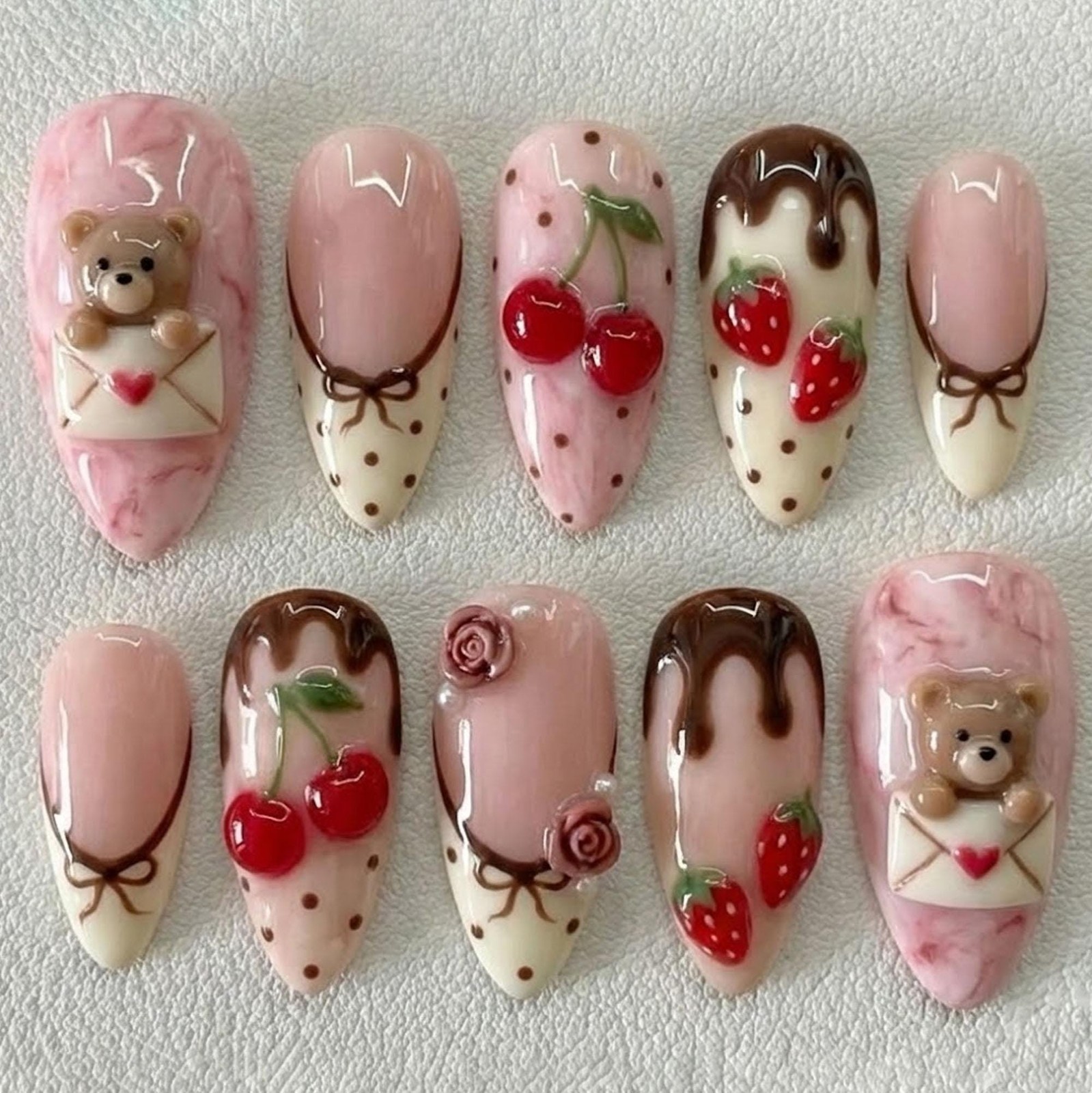 Custom Handmade Bear Cherry Strawberry Chocolate Drip Bow Almond Press on Nails