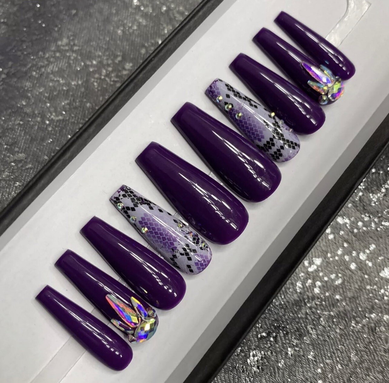 🔥CUSTOM Gel Press On False Nails, Purple w/ BLING 10 set, w/ FULL KIT NEW MED