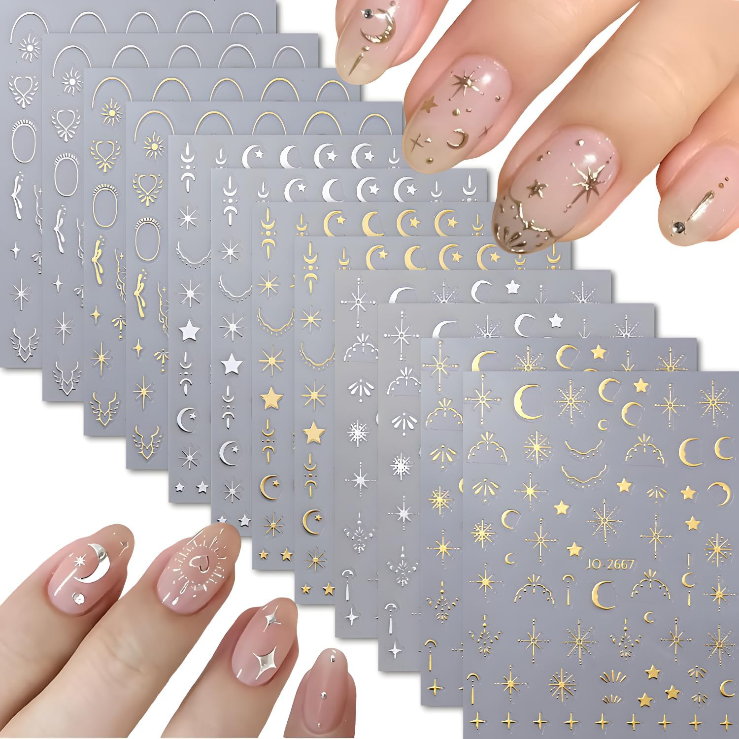 12 Sheets Silver Gold Moon Star Nail Art Stickers – 3D Self Adhesive Decals for