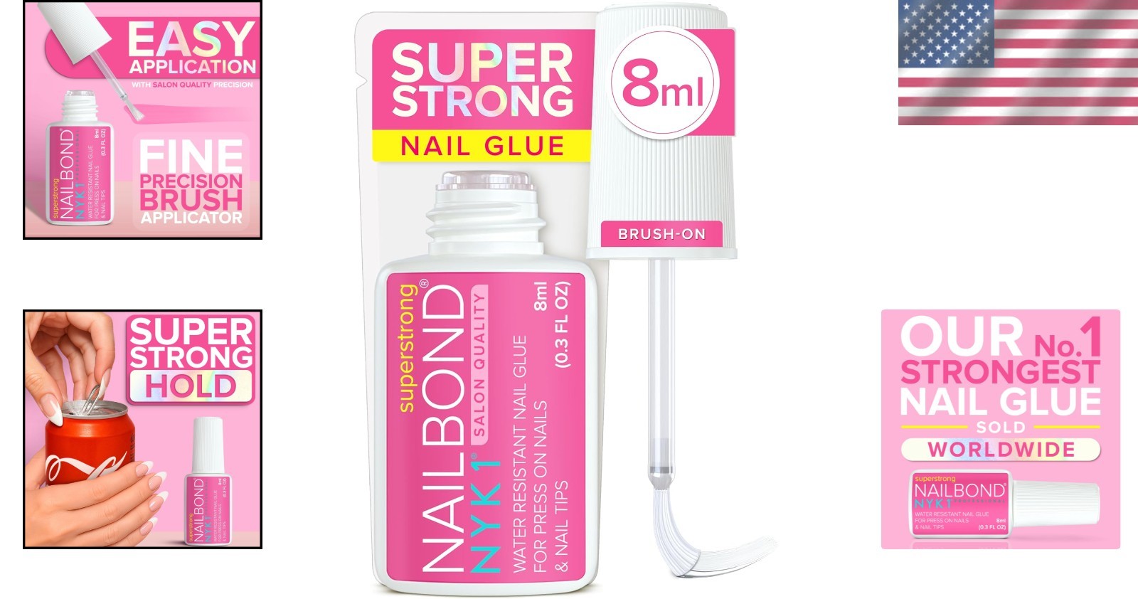 Super Strong Nail Glue 8ml Brush On Clear Fast Drying Water Resistant Formula