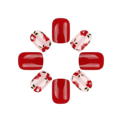 Red Press on Nails Short Square Fake 1 Fl Oz (Pack of 1) Square Flower-red