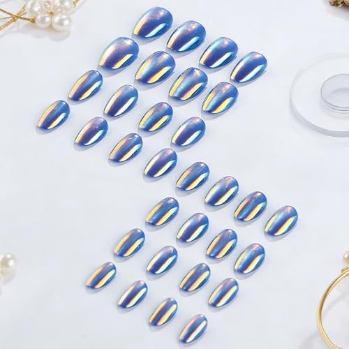 32Pcs Chrome Press on Nails Short Almond Fake Nails Blue Cat Eye False Style 3