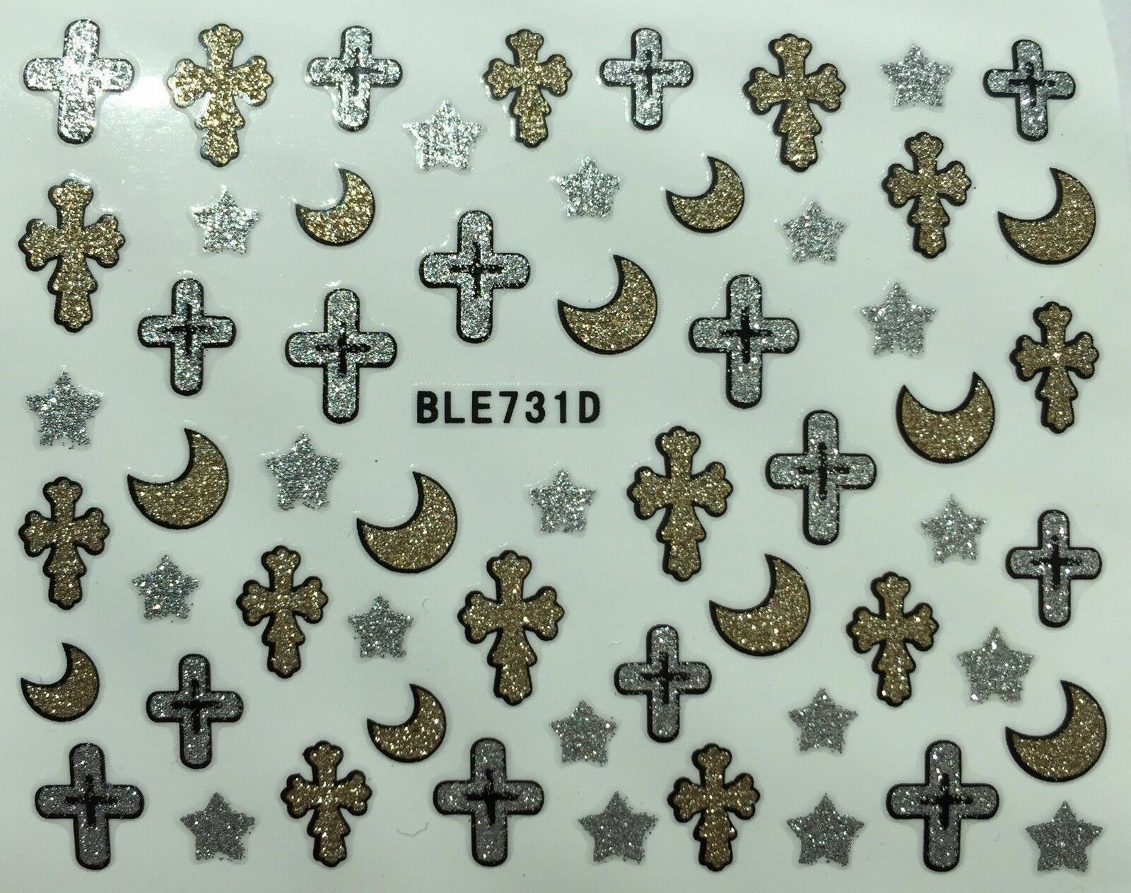 Nail Art 3D Glitter Decal Stickers Gold & Silver Cross Moon Stars BLE731D