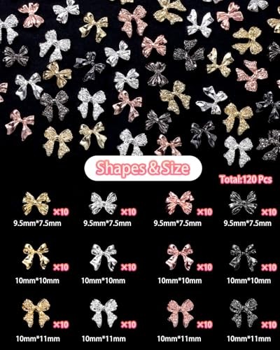 120 Pcs Alloy Bow Nail Charms and Gems, Silver Gold Black Bowknot Metal Nail