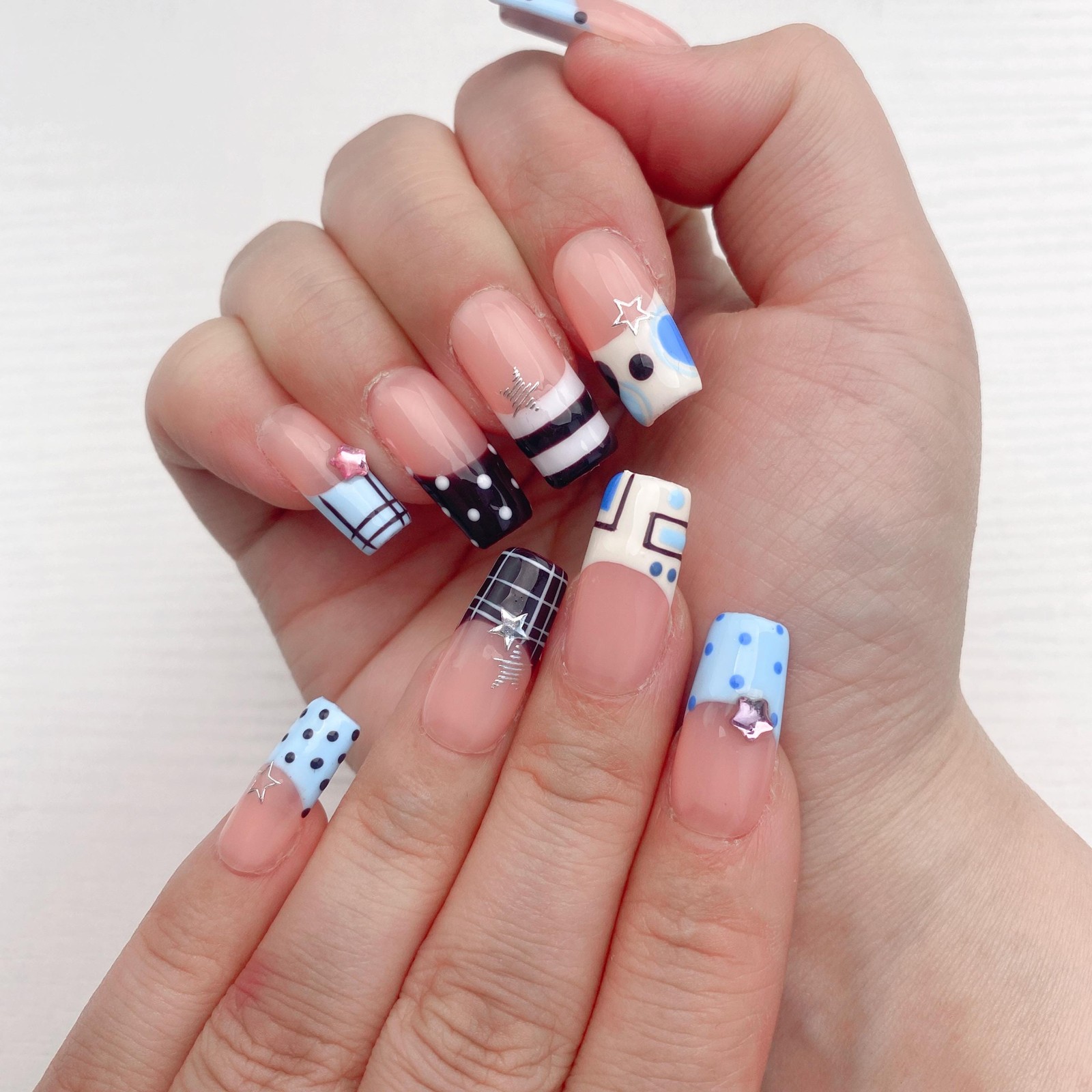 Custom Handmade French Tip Plaid Polka Dot Star Bow Long Square Press on Nails