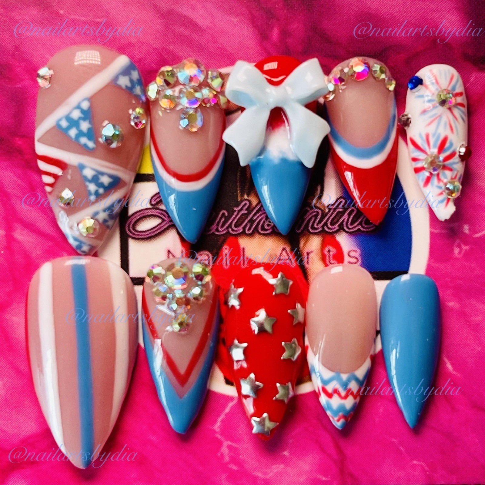 Authentic Nail Arts by Dia Stiletto Press-On Nails Long 3D Rhinestone Patriotic