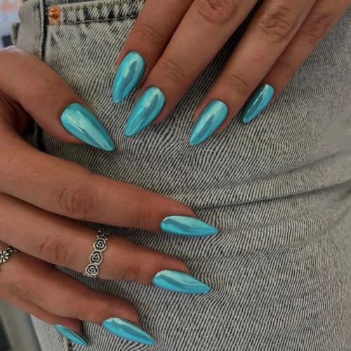 Teal Blue Chrome Press on Nails Medium Almond, Mirror Metal almond teal
