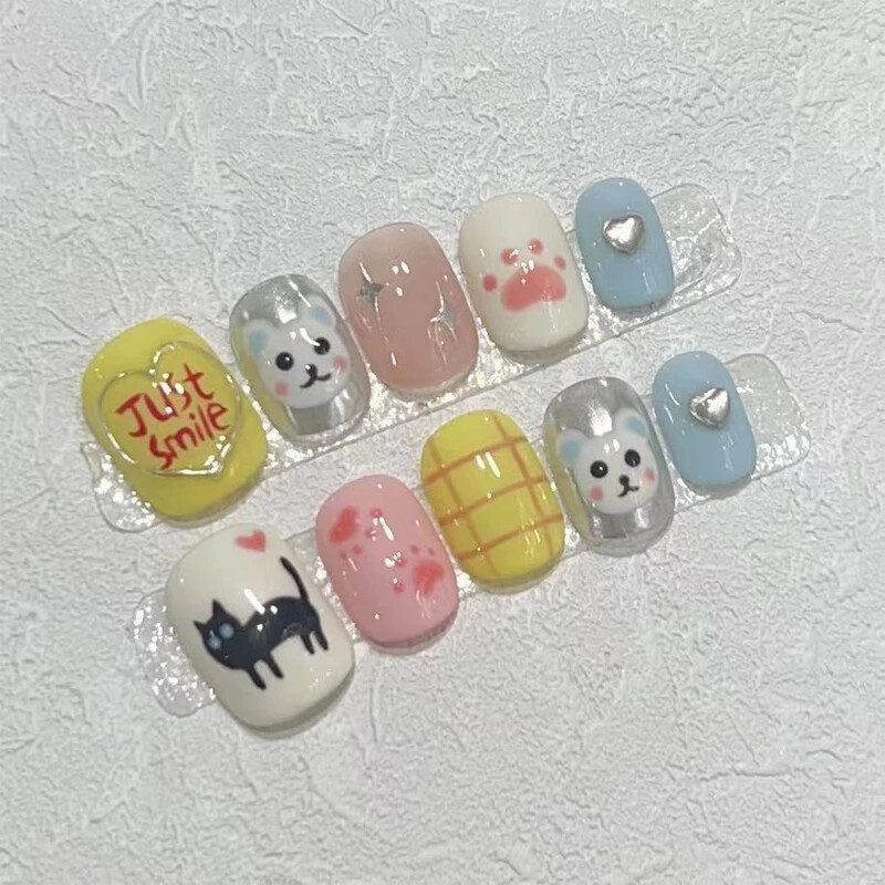 Handmade French Handpainted Cute Animal 3D Bow Fake Nail Short Press On Nail Set