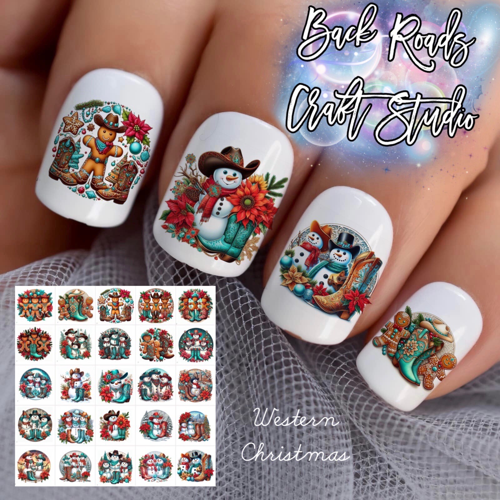 Western Christmas Waterslide Nail Decals Set Of 50 Water Transfers