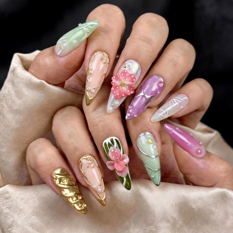 48Pcs-Long Almond Green Purple Gradient Gold Line Water Pearl Press on Nails Set