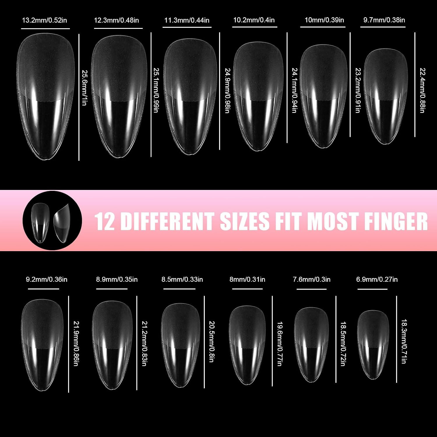 600PCS Almond Nail Tips, Clear Full Cover Fake Nails Medium Almond Gel X Tip Pre